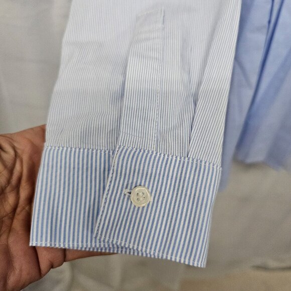 French Connection Blue Striped Button Blouse Peplum Preppy L - Picture 4 of 13